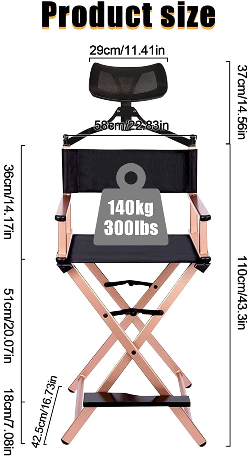 31 Inch Tall Aluminum Director Chair with Headrest and Footrest H627