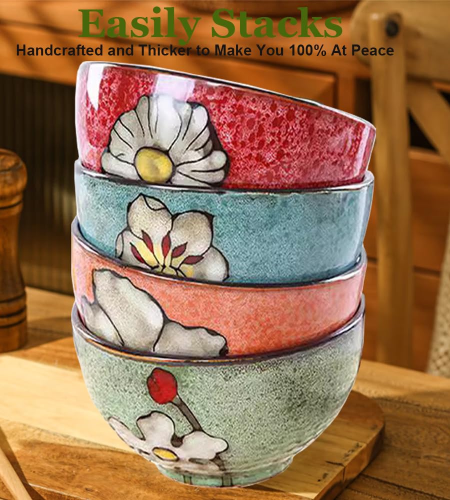 Ceramic Cereal Bowl Set of 4, 28oz Floral Pattern, Microwave Safe Y569037