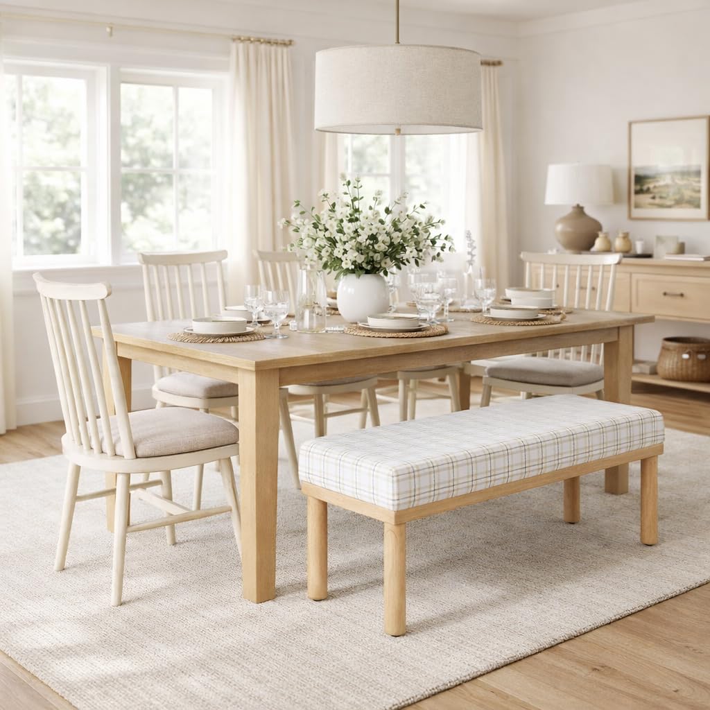 Natural Plaid Woven Fabric Bench Y592
