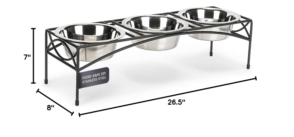 Black Triple Bowl Dog and Cat Feeder Stand with 3-2 Qt Stainless Bowls W471584