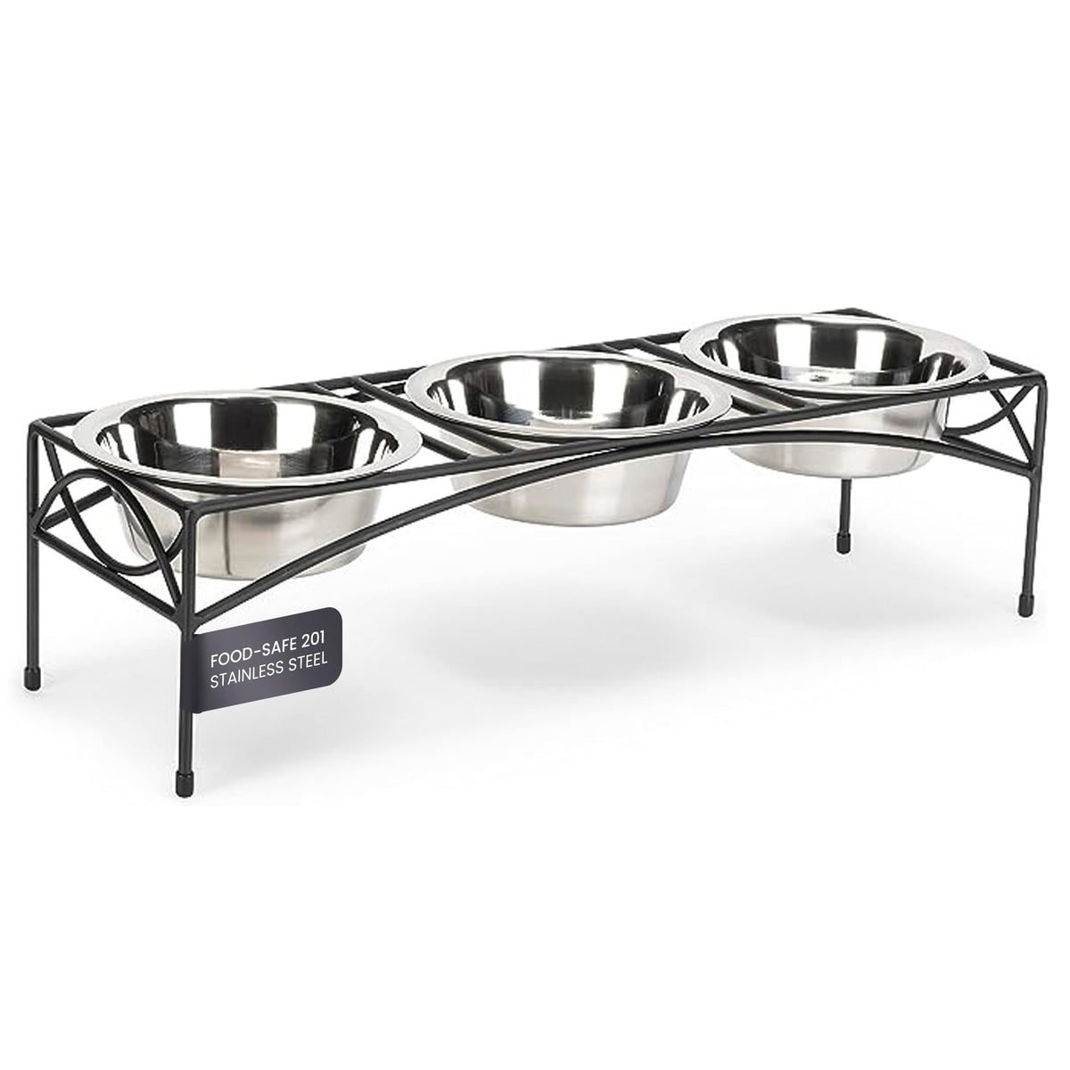 Black Triple Bowl Dog and Cat Feeder Stand with 3-2 Qt Stainless Bowls W471584
