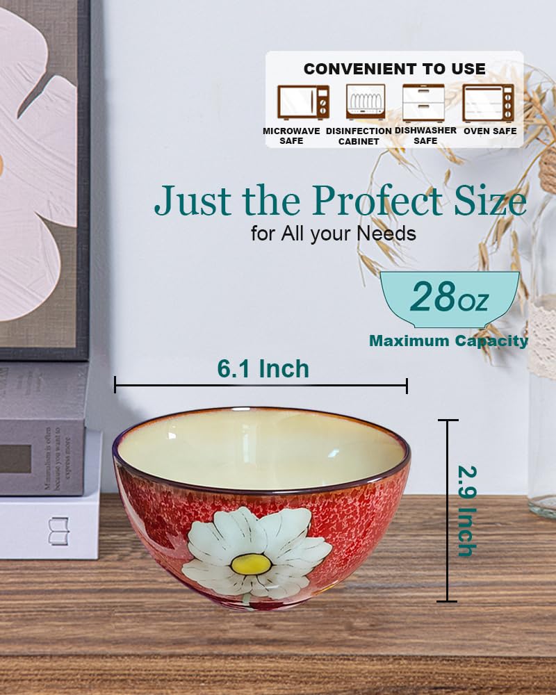 Ceramic Cereal Bowl Set of 4, 28oz Floral Pattern, Microwave Safe Y569037