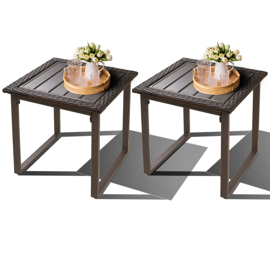Brown Wicker Outdoor Side Table Set of 2 R978