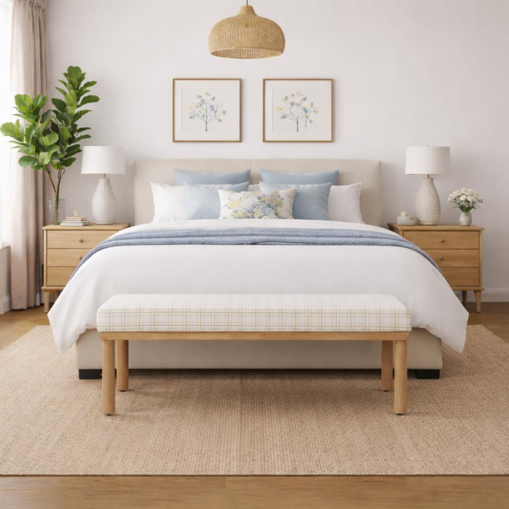 Natural Plaid Woven Fabric Bench Y592