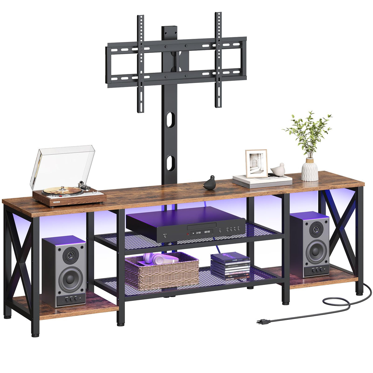 Rustic Brown 3-Tier TV Stand with Swivel Mount and Power Outlet I3707