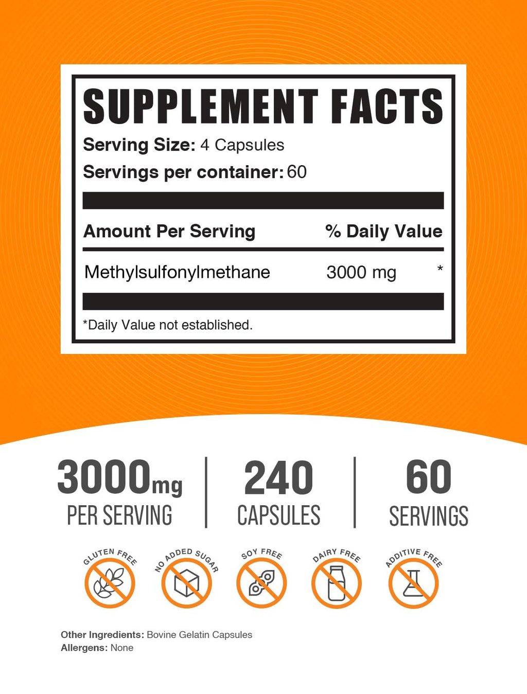 MSM 3000mg Gluten Free Capsules 240 Count D656