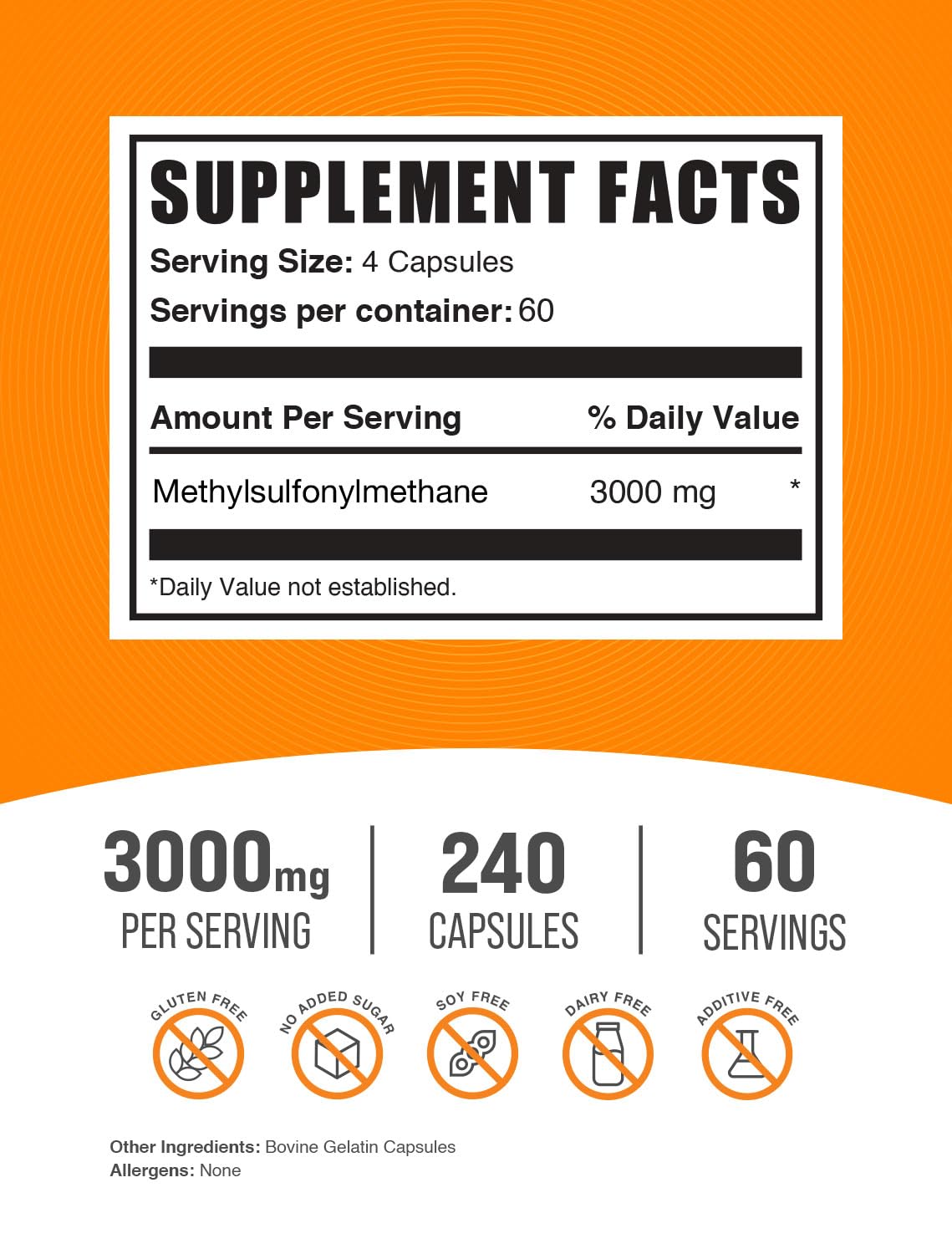 MSM 3000mg Gluten Free Capsules 240 Count D656