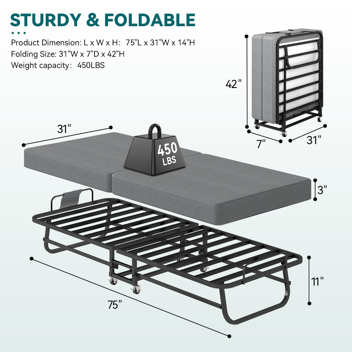 Folding Bed with Mattress and Metal Frame Q71734