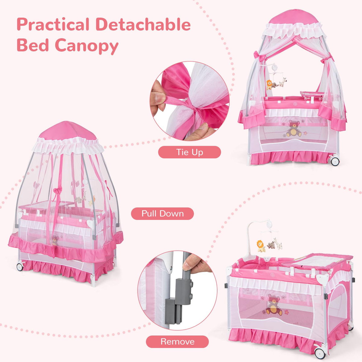 4-in-1 Pack and Play with Canopy, Changing Table and Bassinet, Hot Pink B555