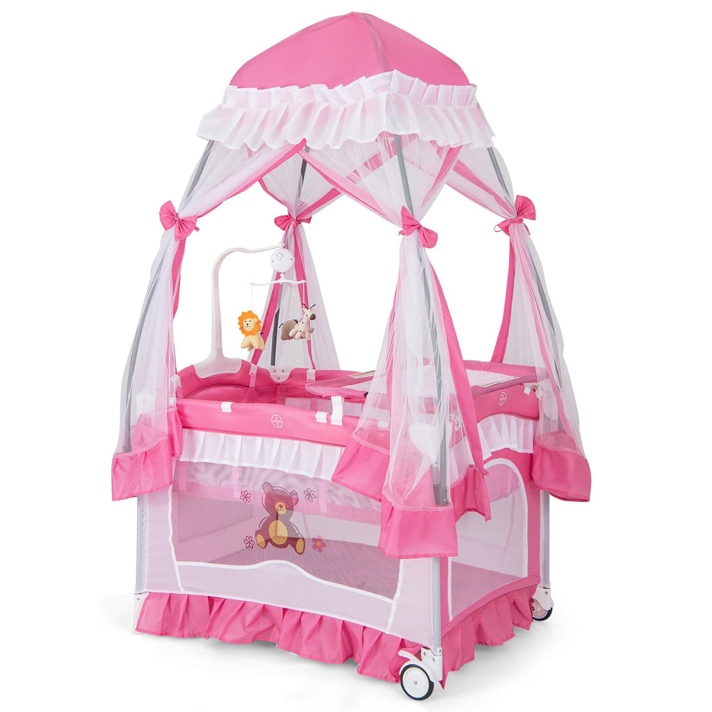 4-in-1 Pack and Play with Canopy, Changing Table and Bassinet, Hot Pink B555