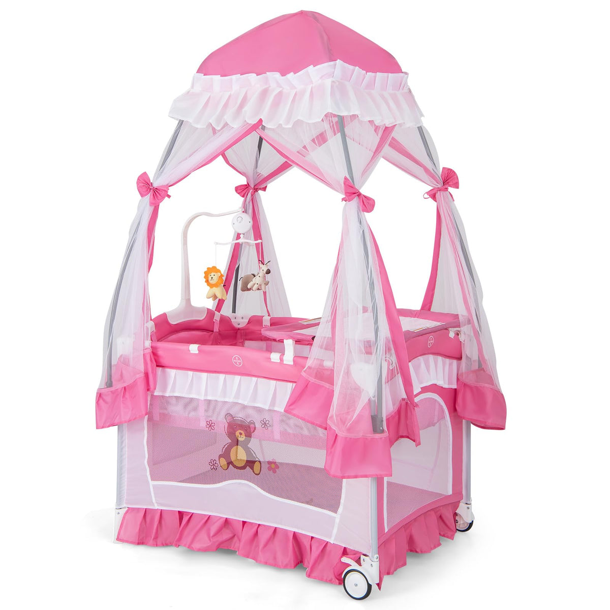 4-in-1 Pack and Play with Canopy, Changing Table and Bassinet, Hot Pink B555