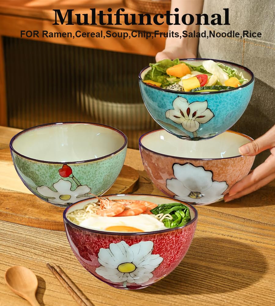Ceramic Cereal Bowl Set of 4, 28oz Floral Pattern, Microwave Safe Y569037