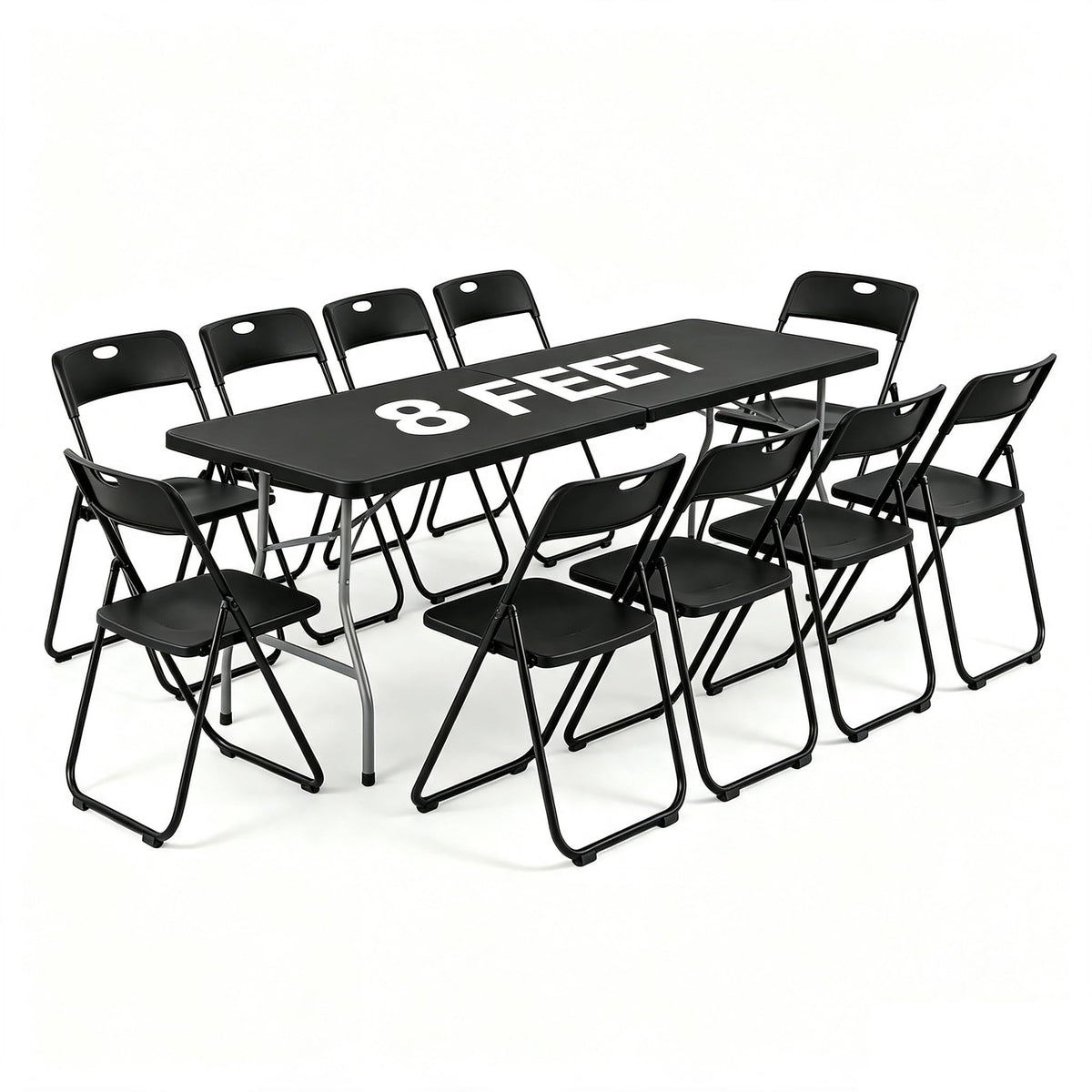 Black 8 Feet Foldable Picnic Table with 10 Folding Chairs I562