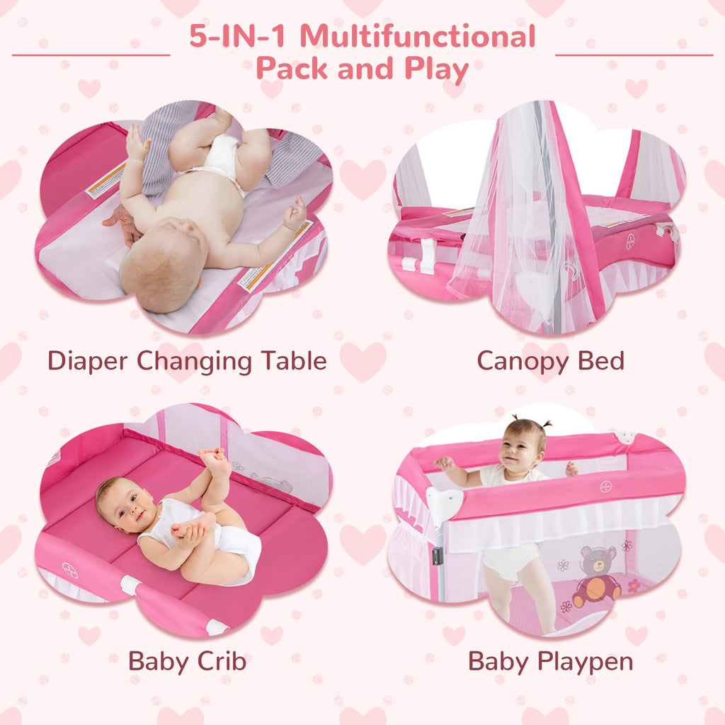 4-in-1 Pack and Play with Canopy, Changing Table and Bassinet, Hot Pink B555