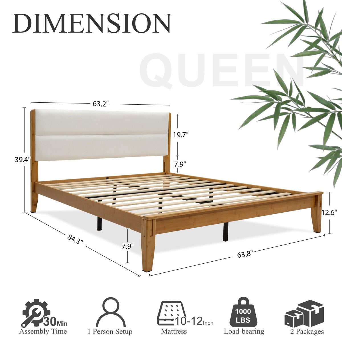 Solid Bamboo Queen Size Bed Frame with Headboard T88633