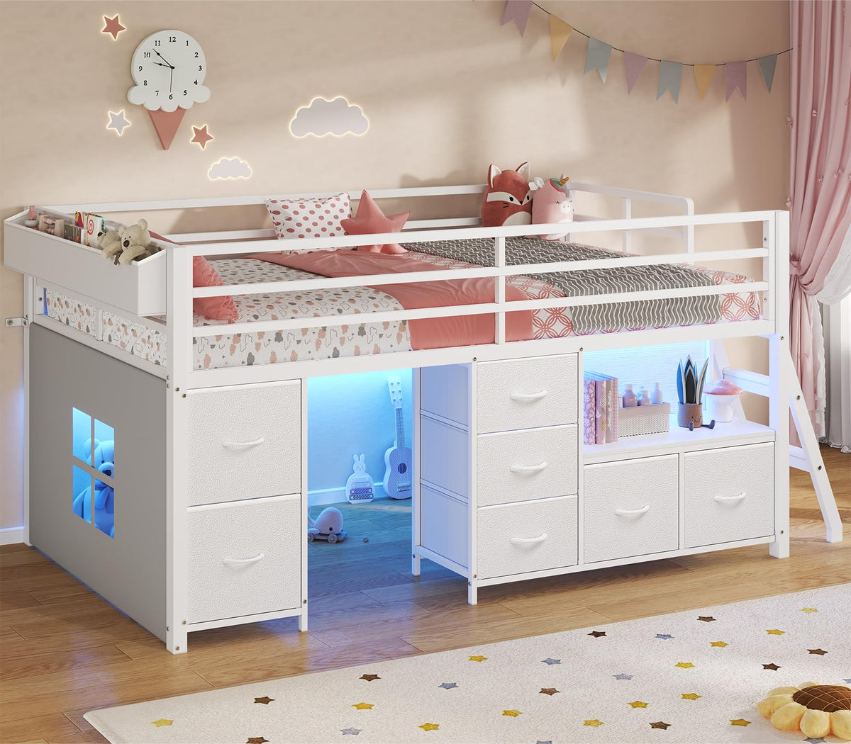 Twin Size Low Loft Bed with 7 Drawers O329717