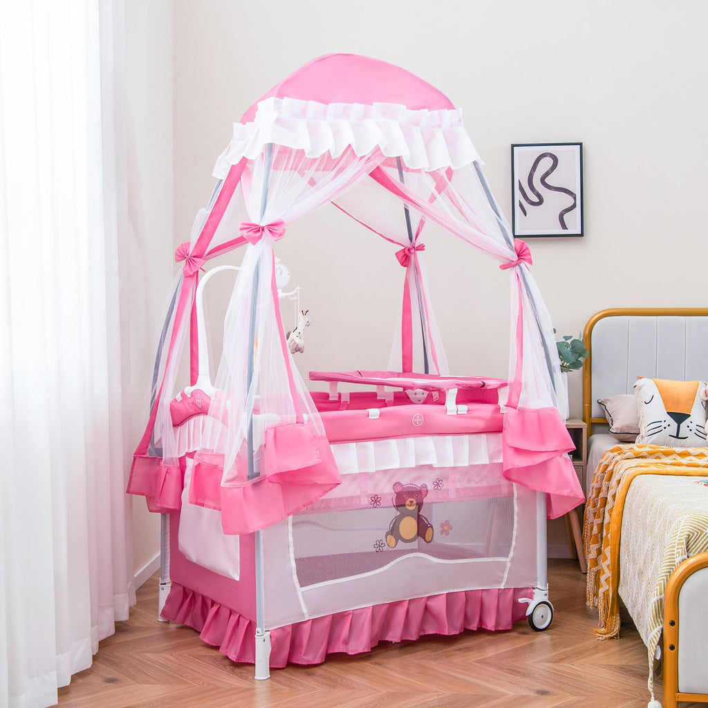 4-in-1 Pack and Play with Canopy, Changing Table and Bassinet, Hot Pink B555