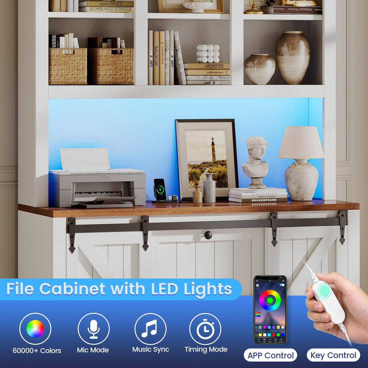 White 2 Drawer File Cabinet with Power Strip and Storage Shelf D842