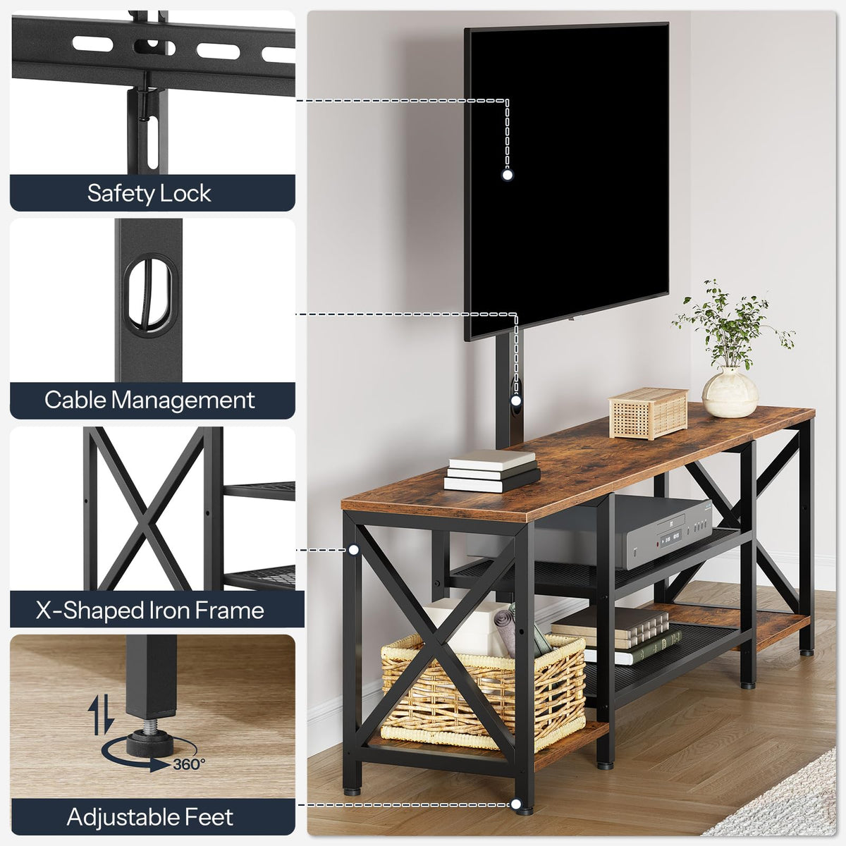 Rustic Brown 3-Tier TV Stand with Swivel Mount and Power Outlet I3707