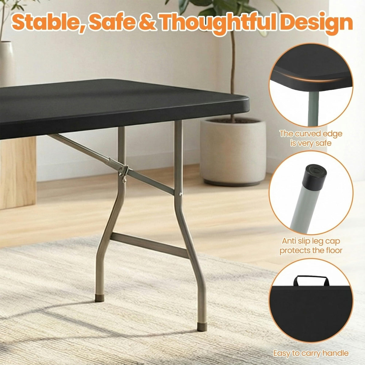Black 8 Feet Foldable Picnic Table with 10 Folding Chairs I562