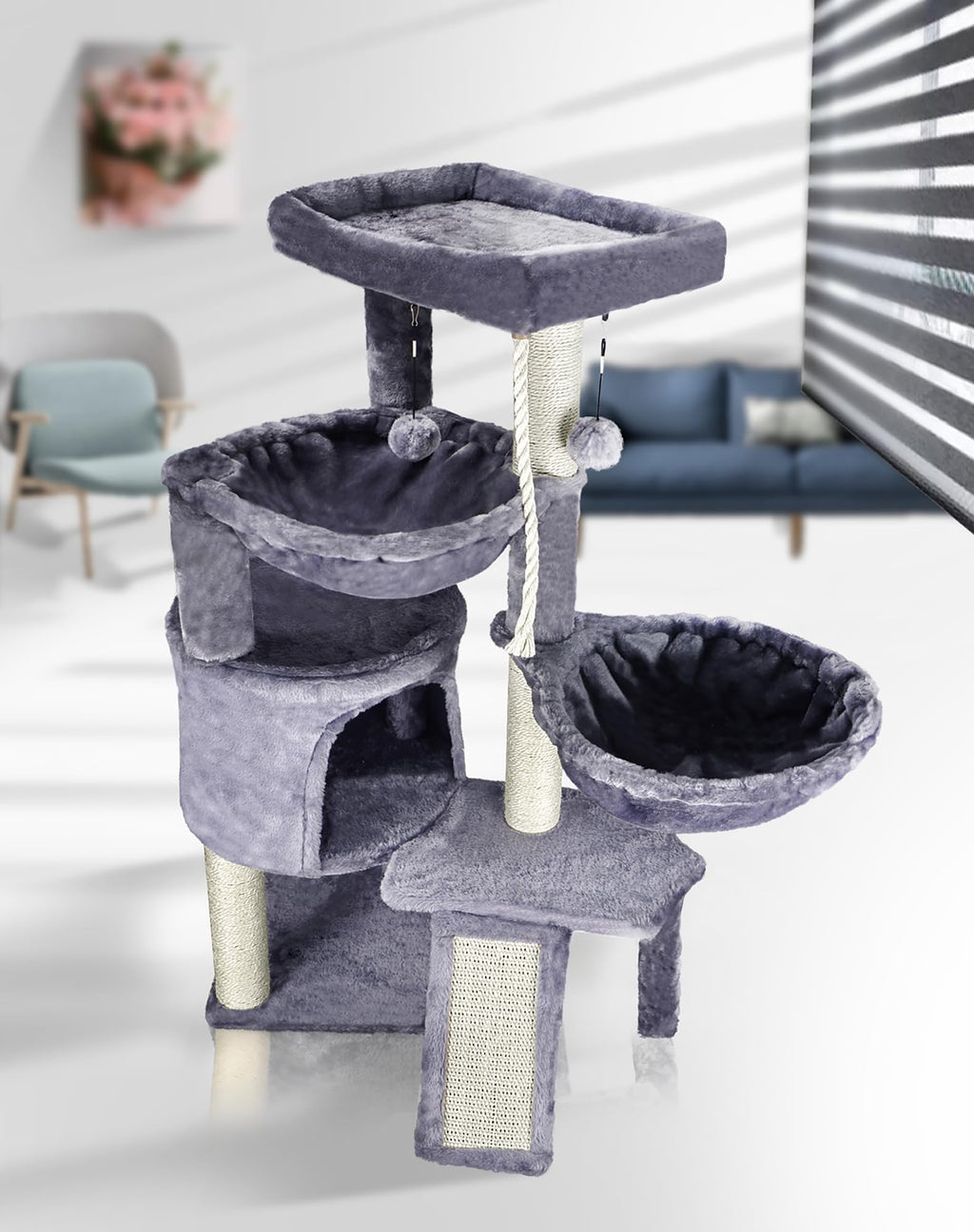 Grey Three Layer Cat Tree with Condo and Hammocks Q67778