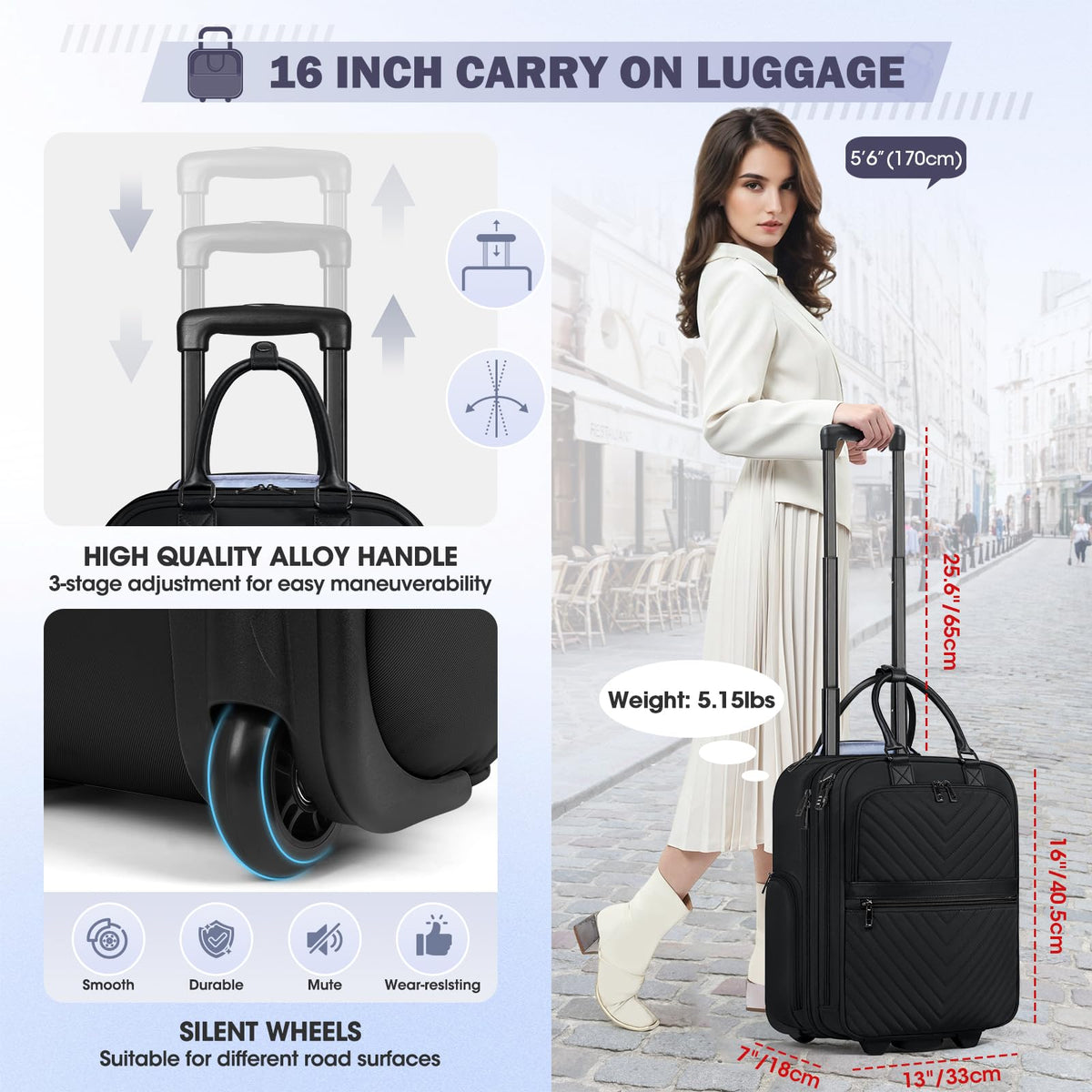 16-inch Lightweight Softside Underseat Carry On Luggage with Wheels Black Y35480