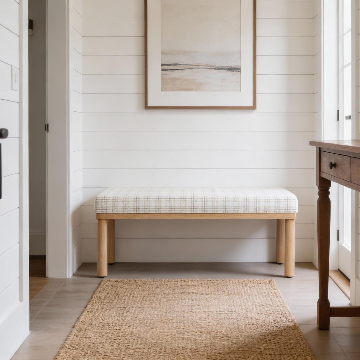 Natural Plaid Woven Fabric Bench Y592