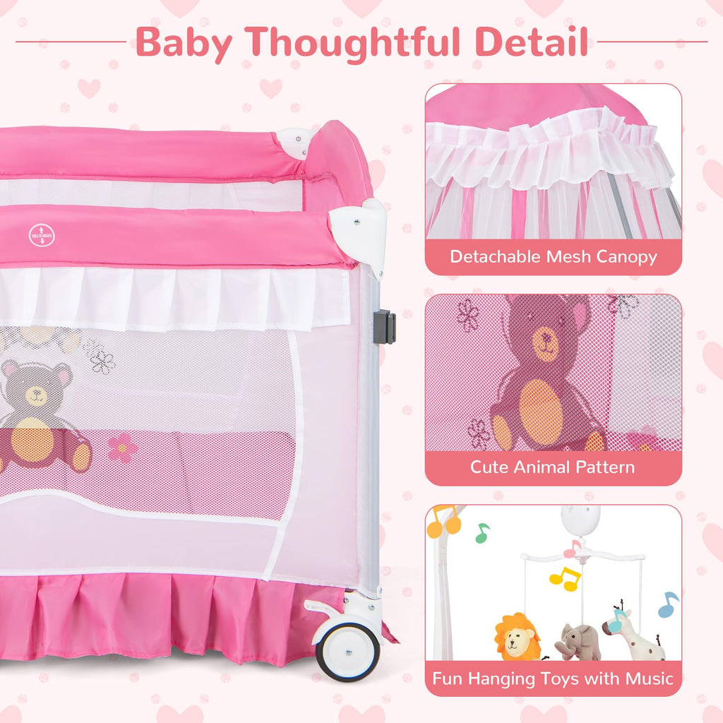 4-in-1 Pack and Play with Canopy, Changing Table and Bassinet, Hot Pink B555