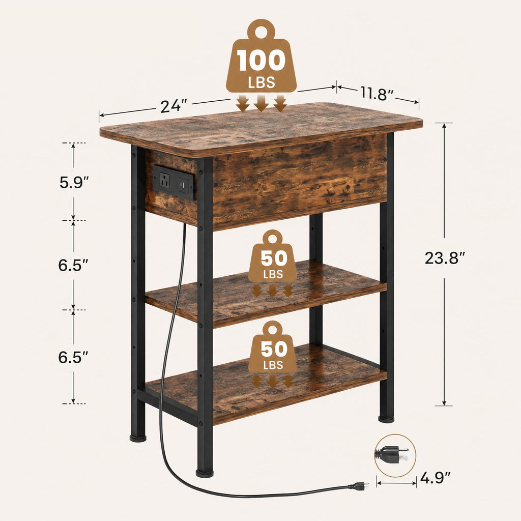 Brown Flip Top End Table with Charging Station and 3 Tier Storage G50719