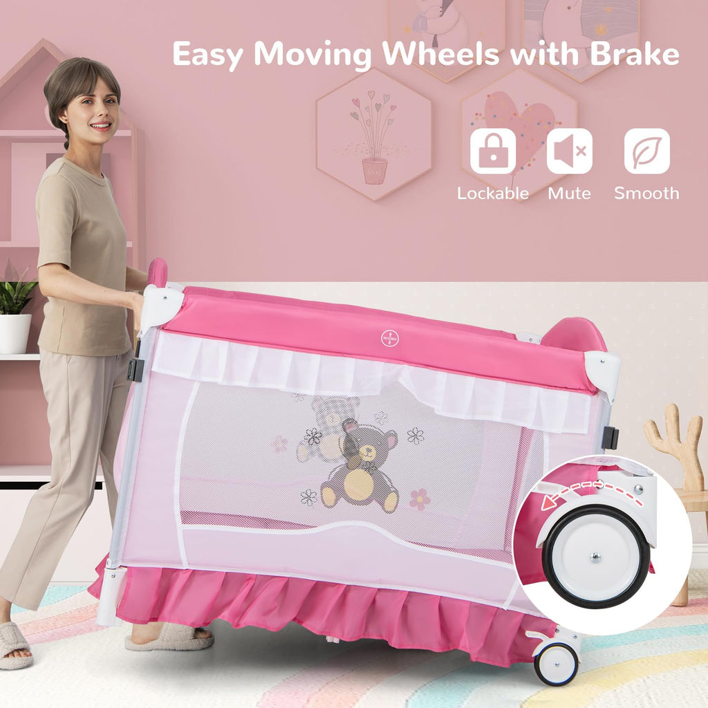 4-in-1 Pack and Play with Canopy, Changing Table and Bassinet, Hot Pink B555