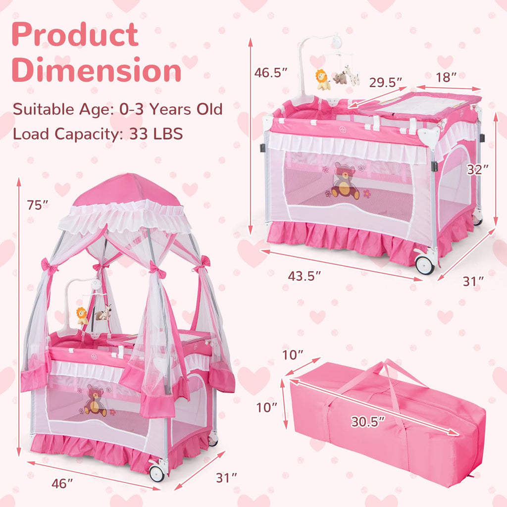 4-in-1 Pack and Play with Canopy, Changing Table and Bassinet, Hot Pink B555