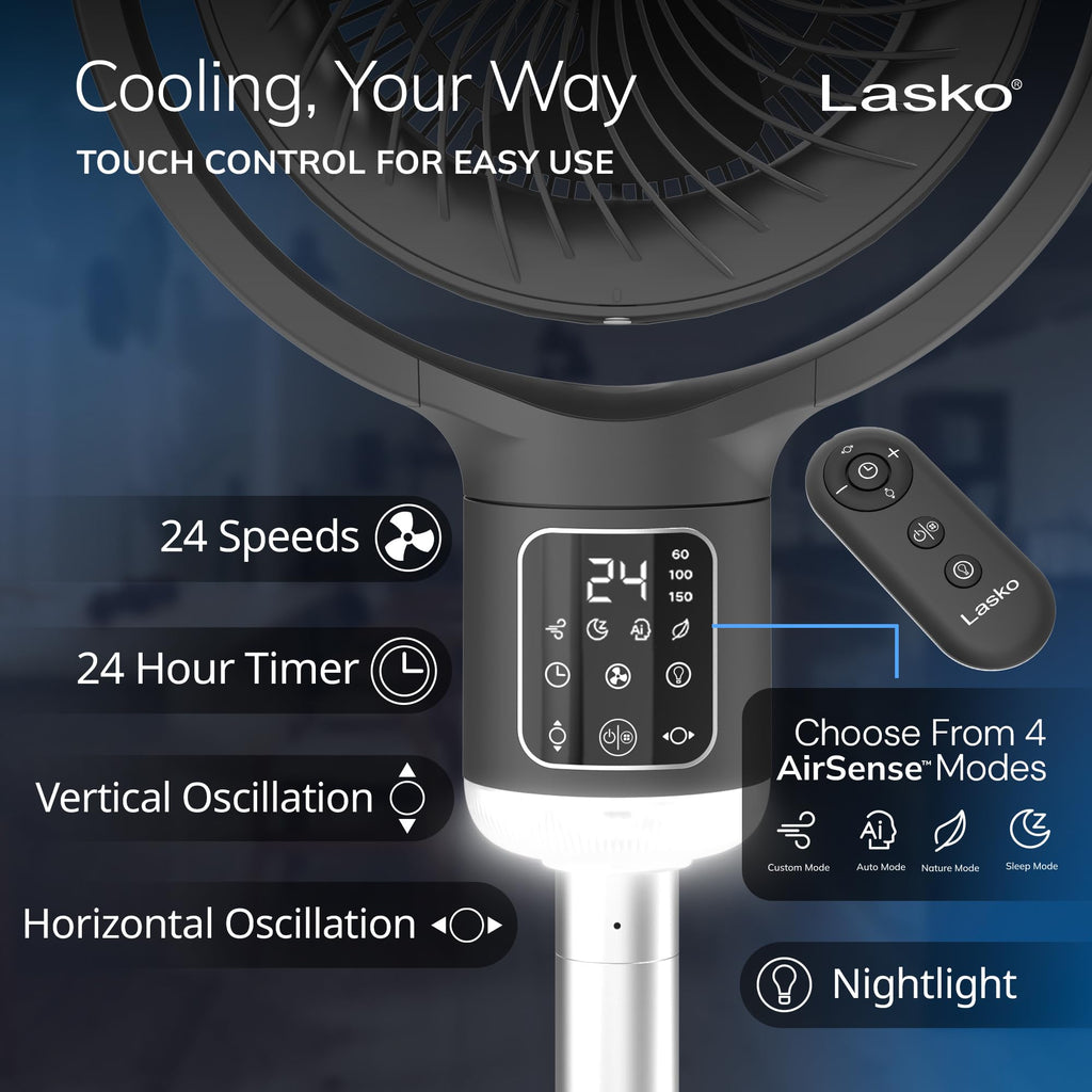 Pedestal Fan with Remote Control, Adjustable Height, Night Light, Gray M34894