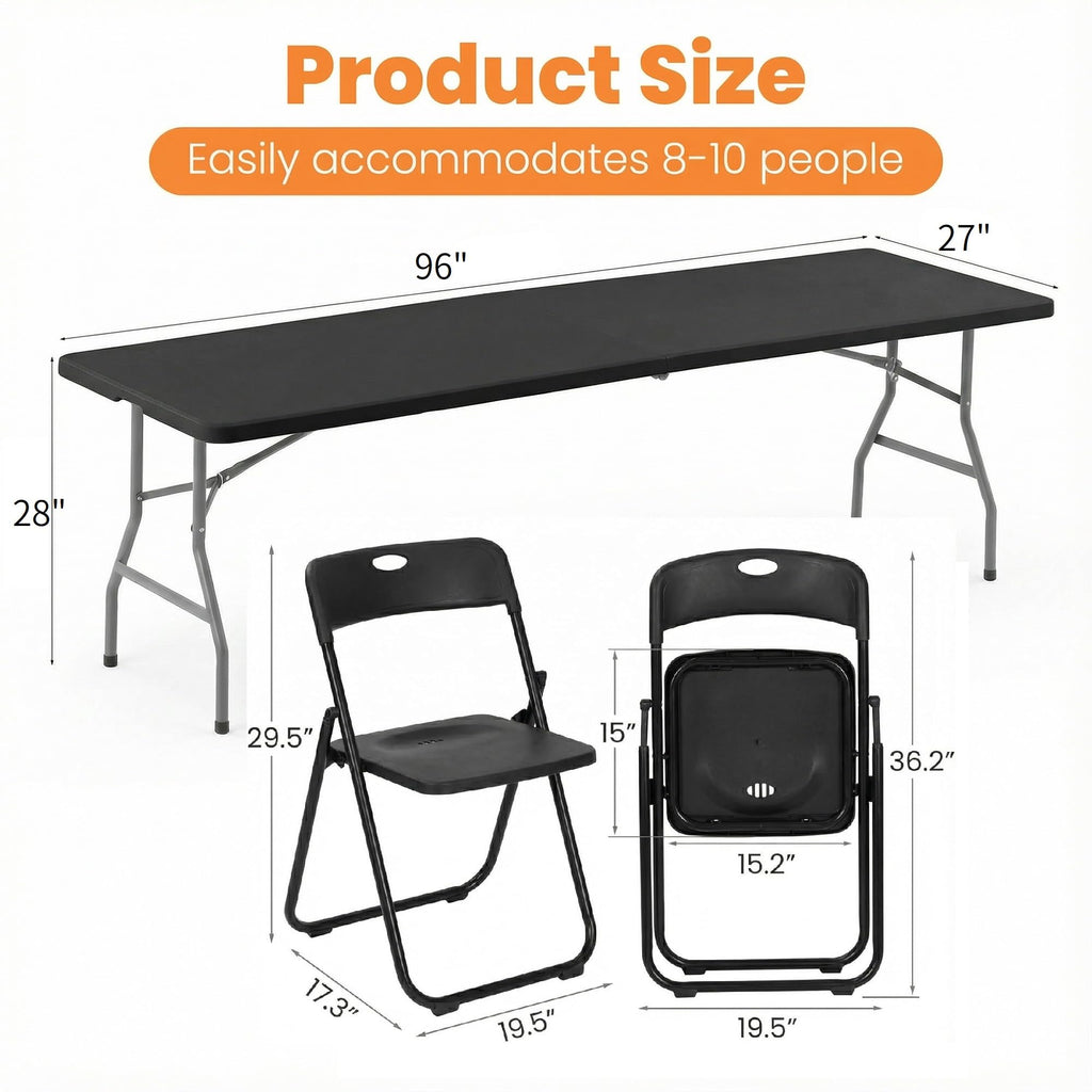 Black 8 Feet Foldable Picnic Table with 10 Folding Chairs I562