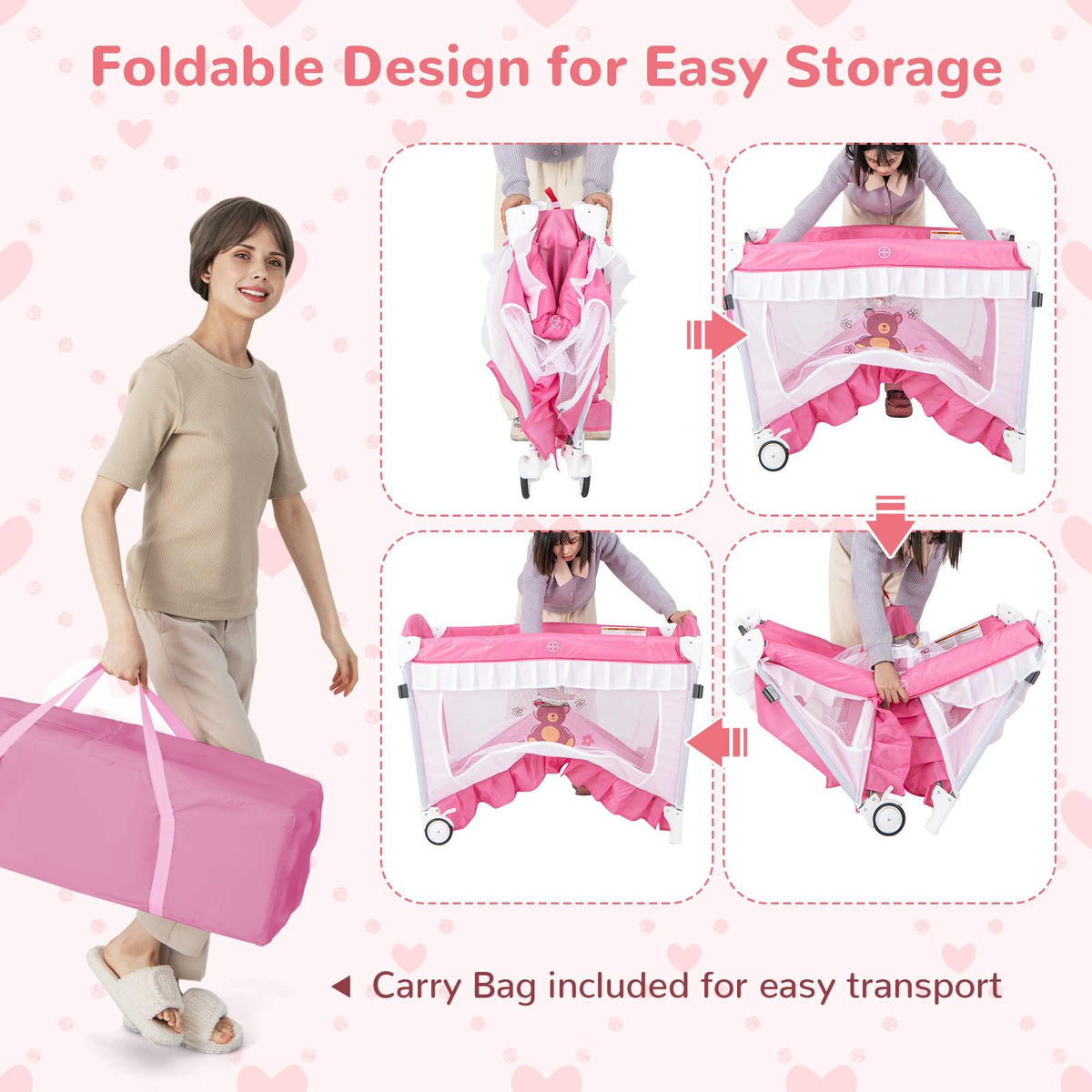 4-in-1 Pack and Play with Canopy, Changing Table and Bassinet, Hot Pink B555