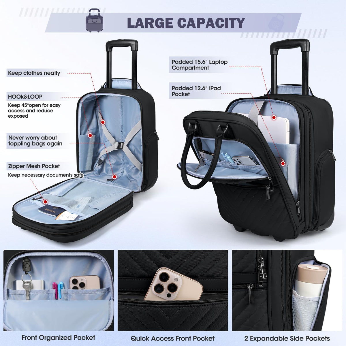 16-inch Lightweight Softside Underseat Carry On Luggage with Wheels Black Y35480