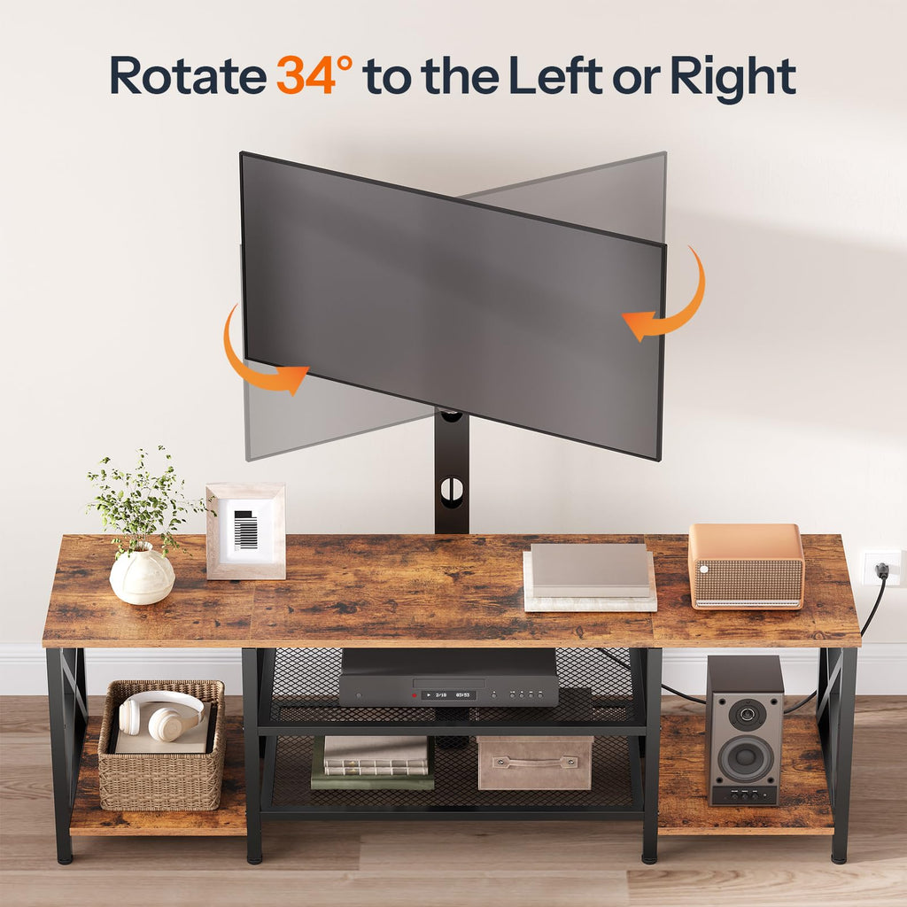 Rustic Brown 3-Tier TV Stand with Swivel Mount and Power Outlet I3707