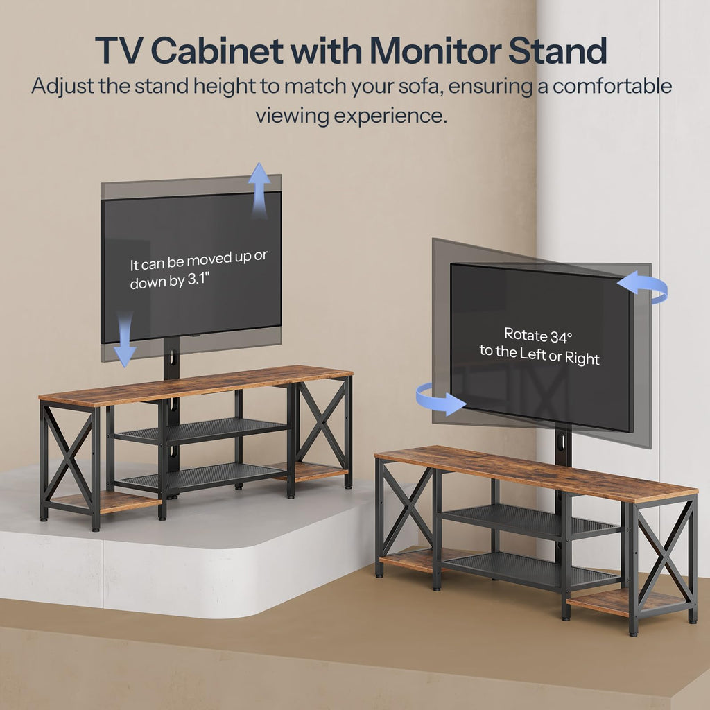 Rustic Brown 3-Tier TV Stand with Swivel Mount and Power Outlet I3707
