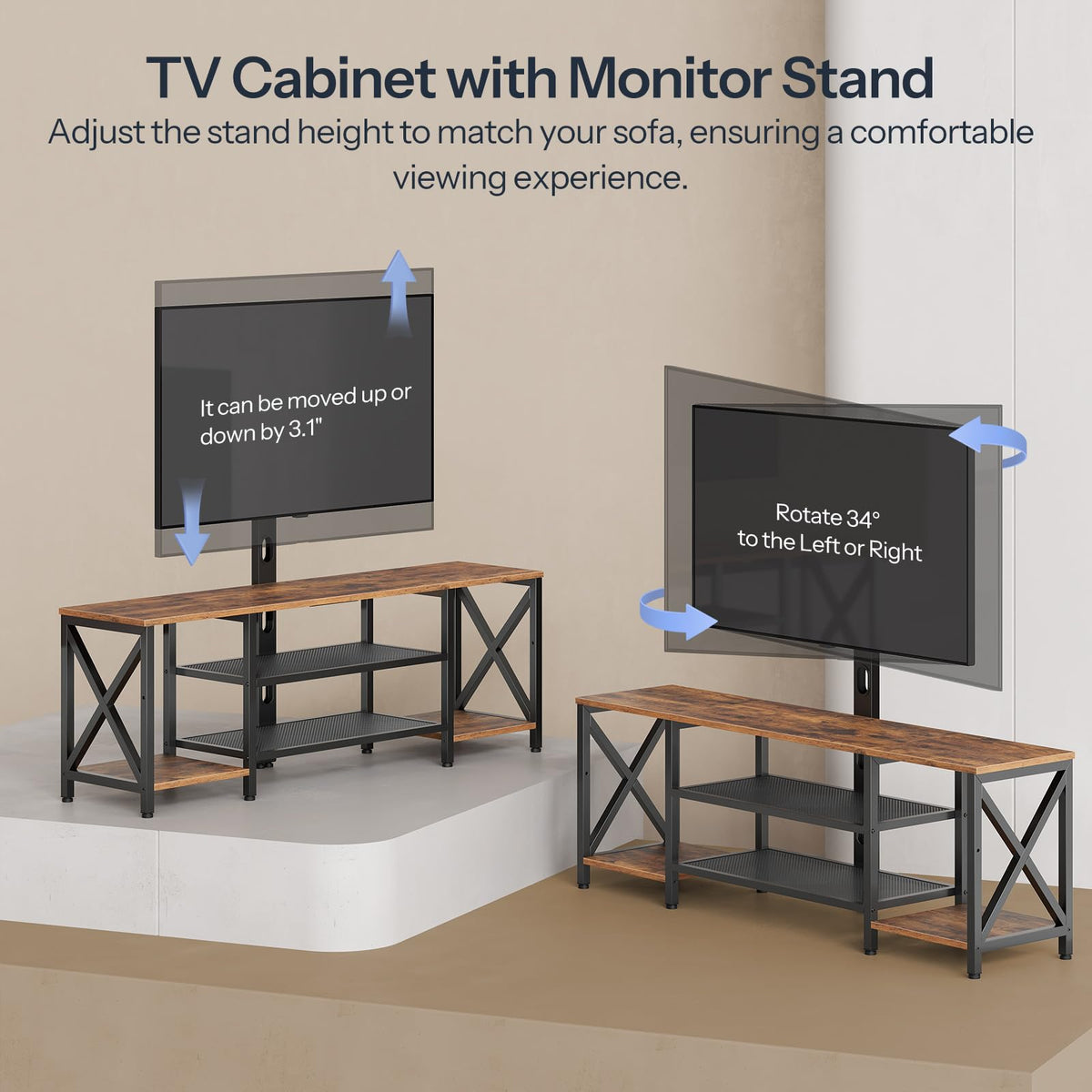Rustic Brown 3-Tier TV Stand with Swivel Mount and Power Outlet I3707
