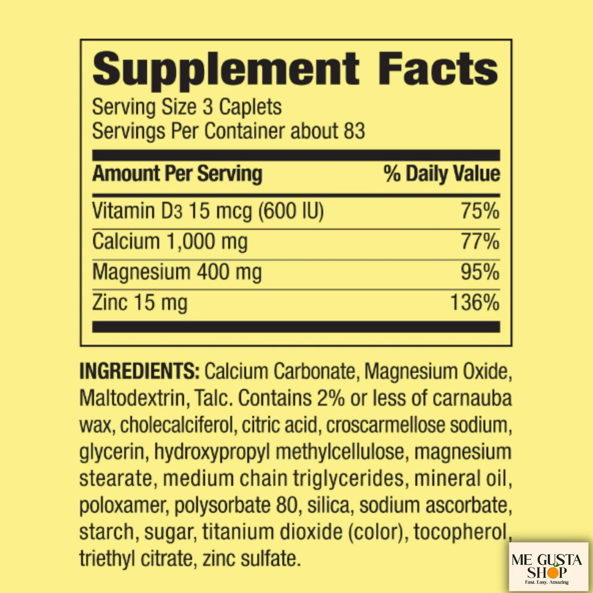 Calcium Magnesium Zinc Plus Vitamin D3 Caplets 500 Count E4245
