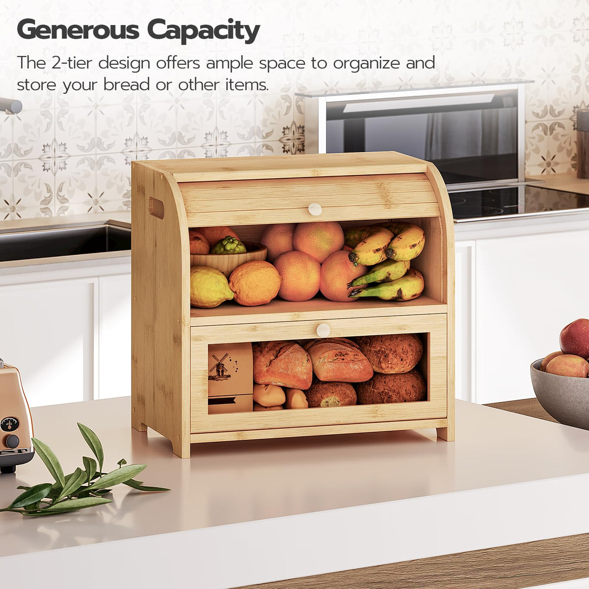 Bamboo 2 Tier Roll-Top Bread Box M3575