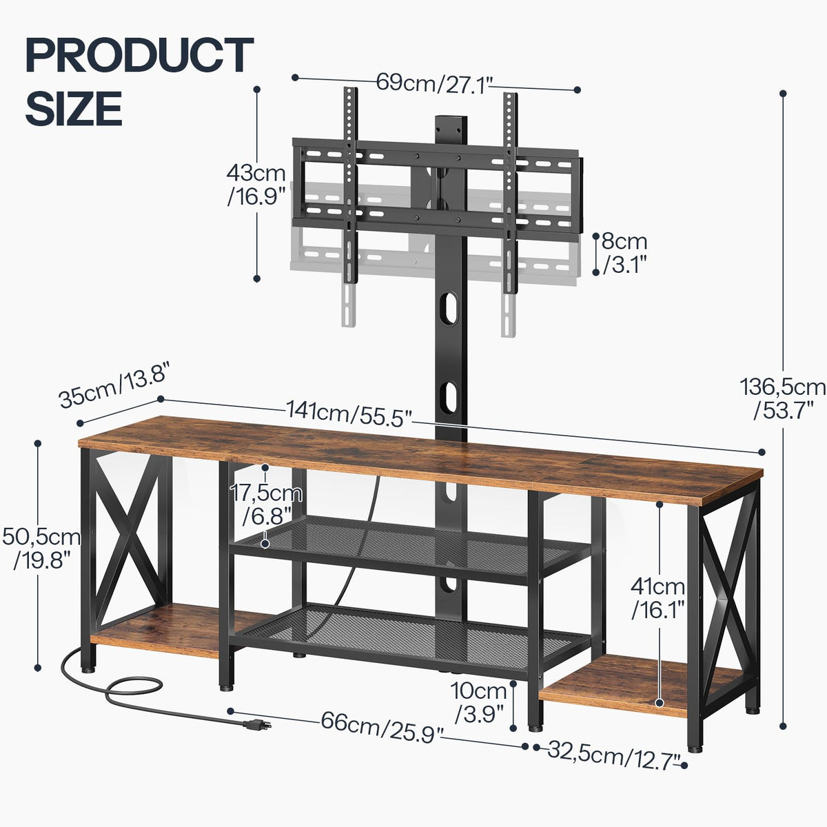 Rustic Brown 3-Tier TV Stand with Swivel Mount and Power Outlet I3707