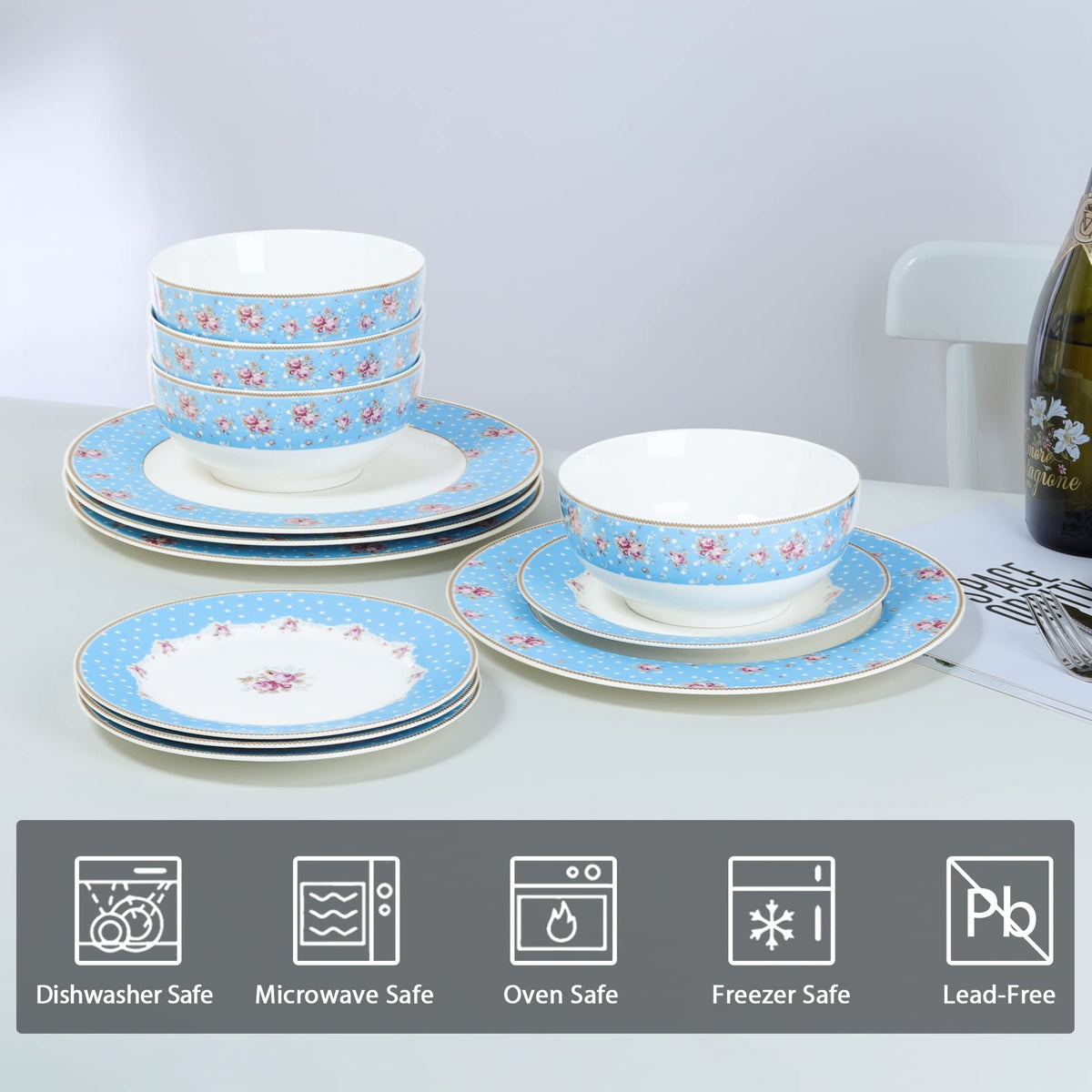 12 Piece Blue Floral Ceramic Dinnerware Set V158030