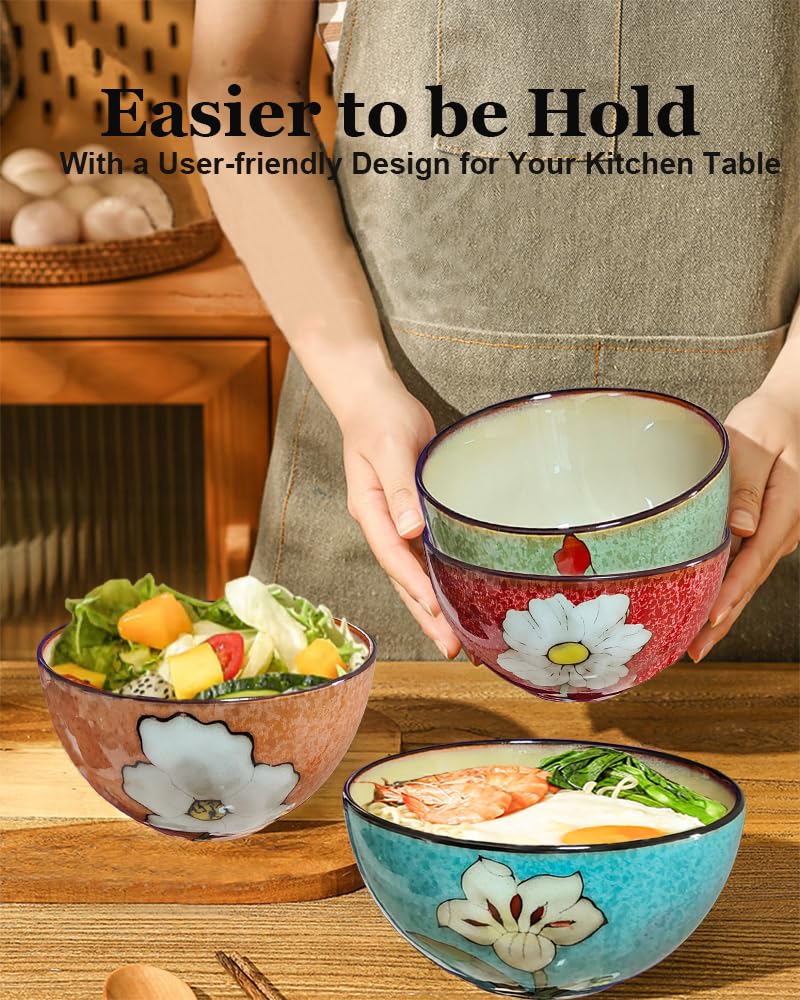 Ceramic Cereal Bowl Set of 4, 28oz Floral Pattern, Microwave Safe Y569037