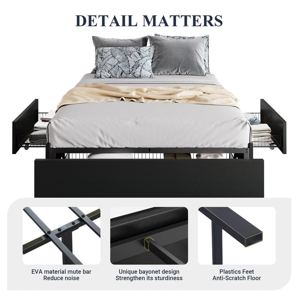 Queen Size Platform Storage Bed Frame with 3 Drawers, Black W670