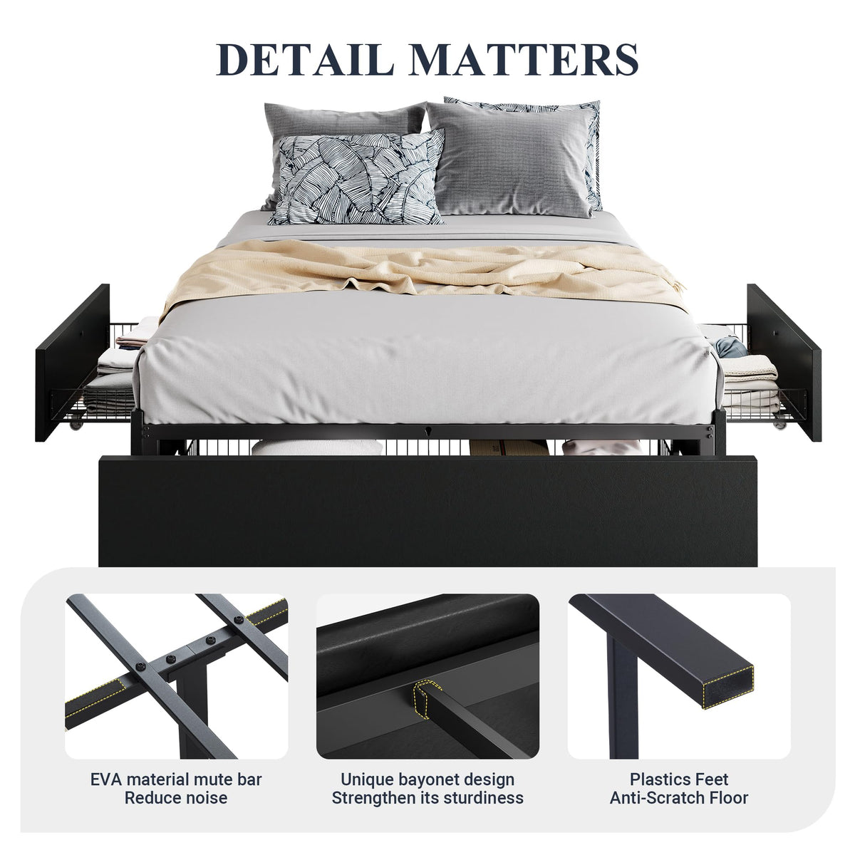 Queen Size Platform Storage Bed Frame with 3 Drawers, Black W670