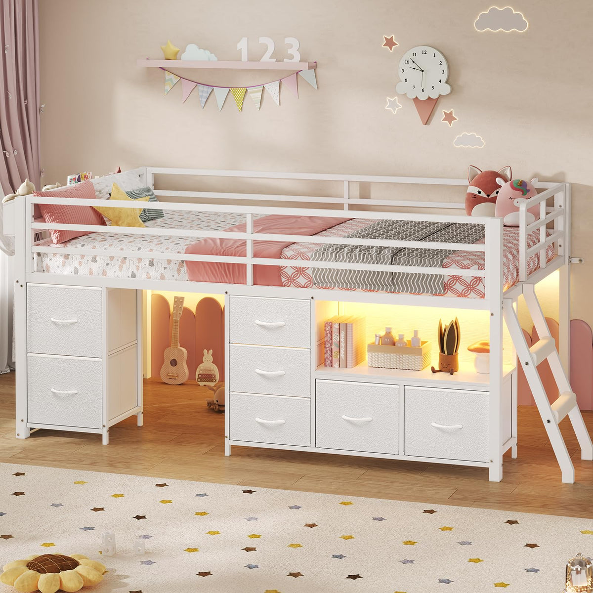 Twin Size Low Loft Bed with 7 Drawers O329717