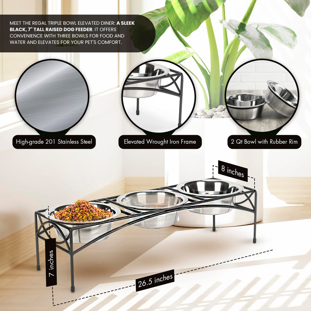 Black Triple Bowl Dog and Cat Feeder Stand with 3-2 Qt Stainless Bowls W471584