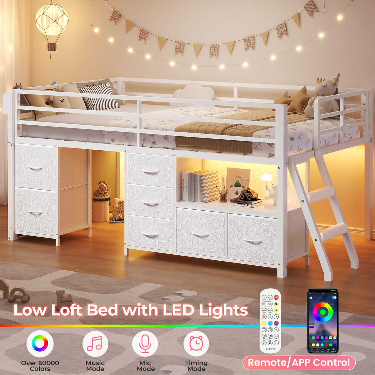 Twin Size Low Loft Bed with 7 Drawers O329717