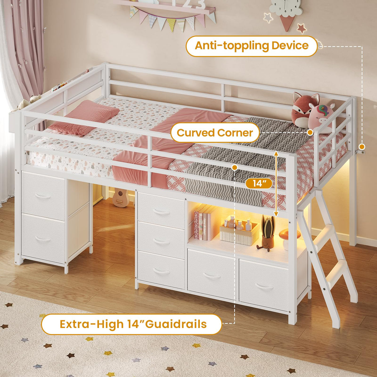 Twin Size Low Loft Bed with 7 Drawers O329717