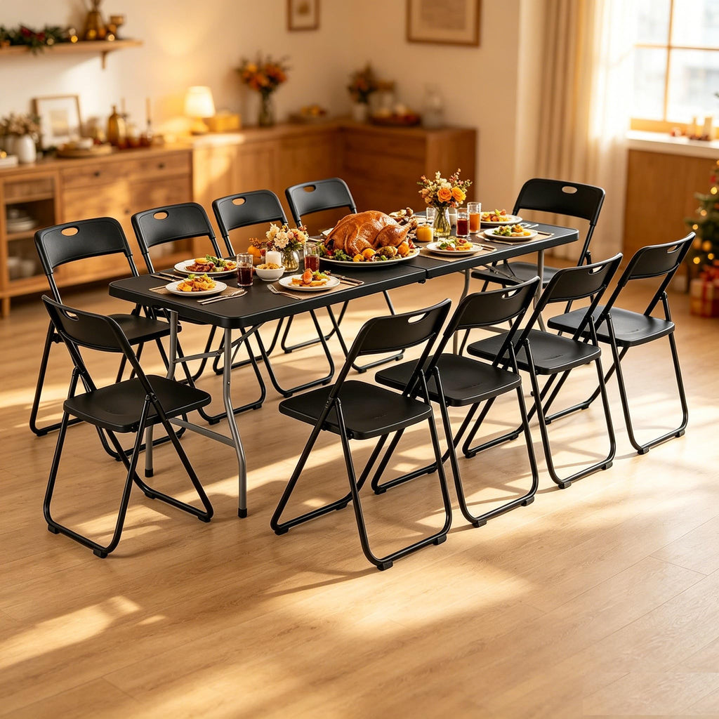 Black 8 Feet Foldable Picnic Table with 10 Folding Chairs I562